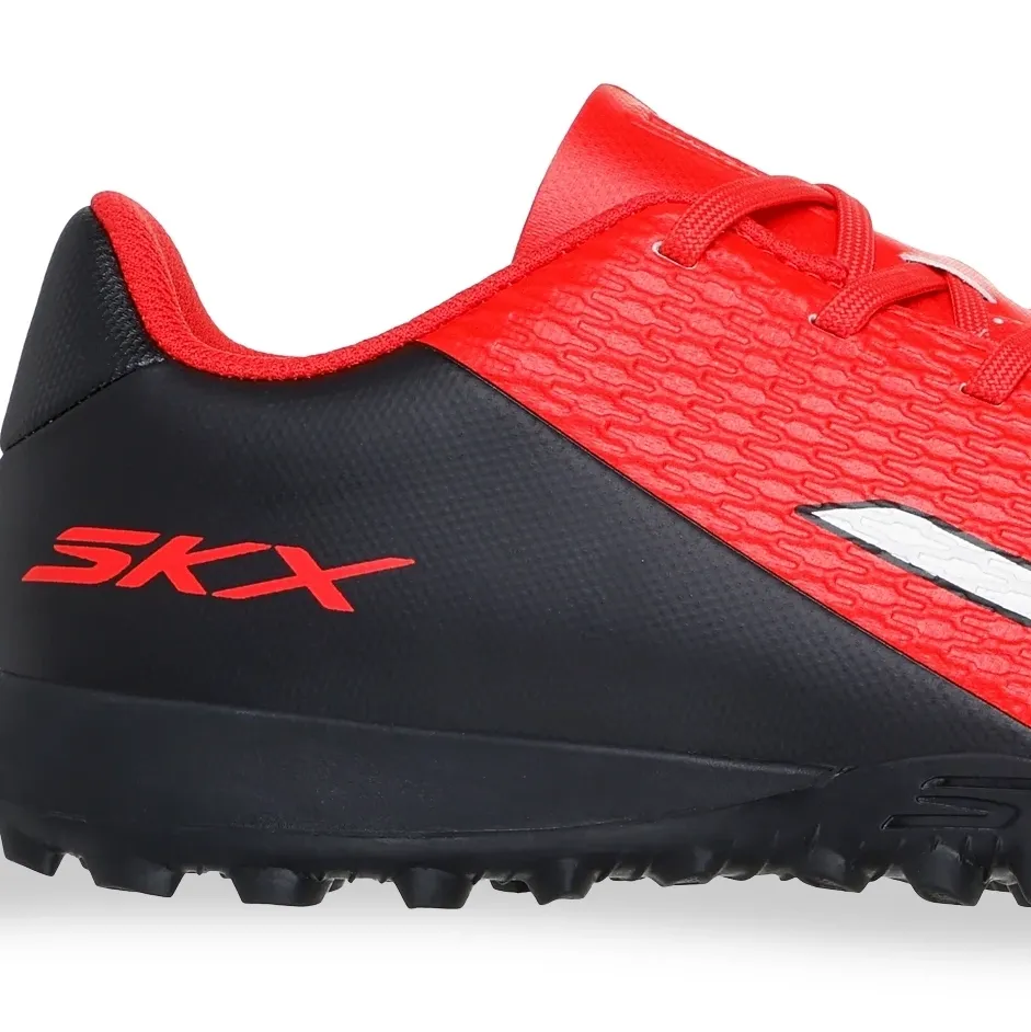 Chuteira juvenil Skechers vermelho e preto vista frontal para ajuste